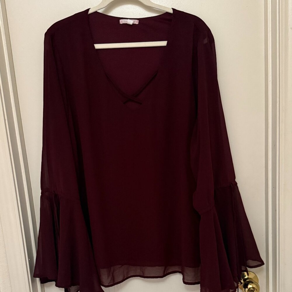 Free 2 luv burgundy chiffon bell sleeve blouse 3x